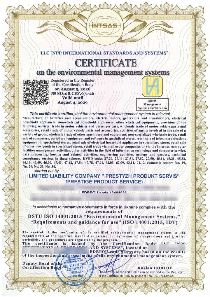 Accredited ISO 14001 environmental management system certificate