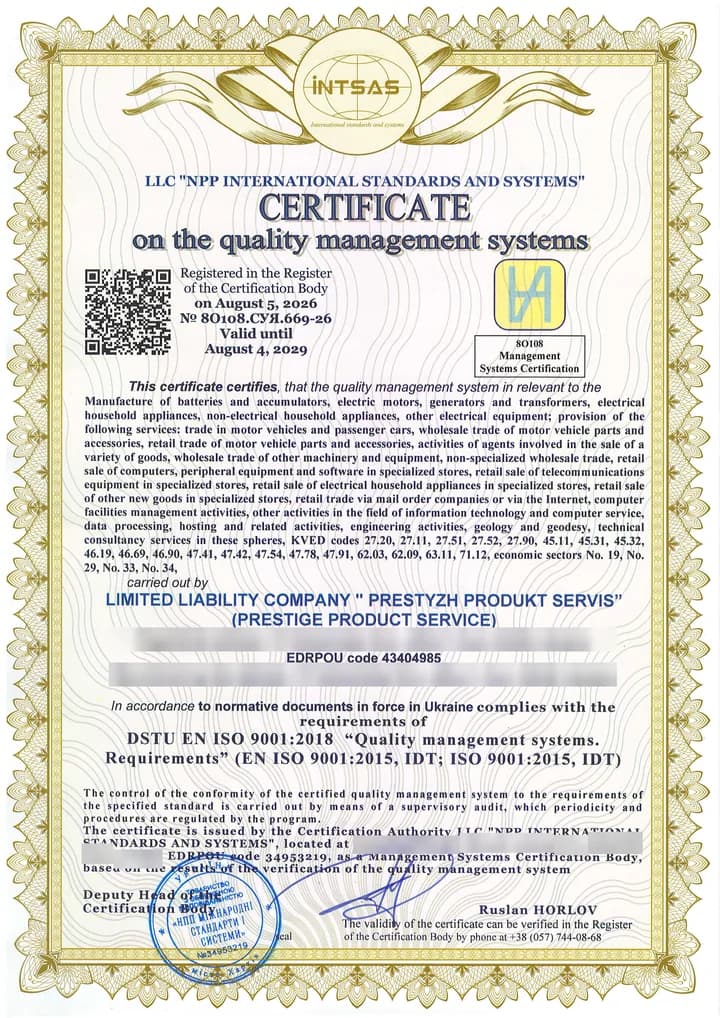 Accredited ISO 9001 quality management system certificate